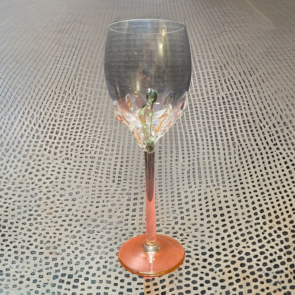 Vintage Ion Tamaian Wine Glass Romanian Art Glass 10-1/4" Amber Bases Signed